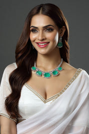 Green Dazzling Stones Antique Silver Plated Necklace