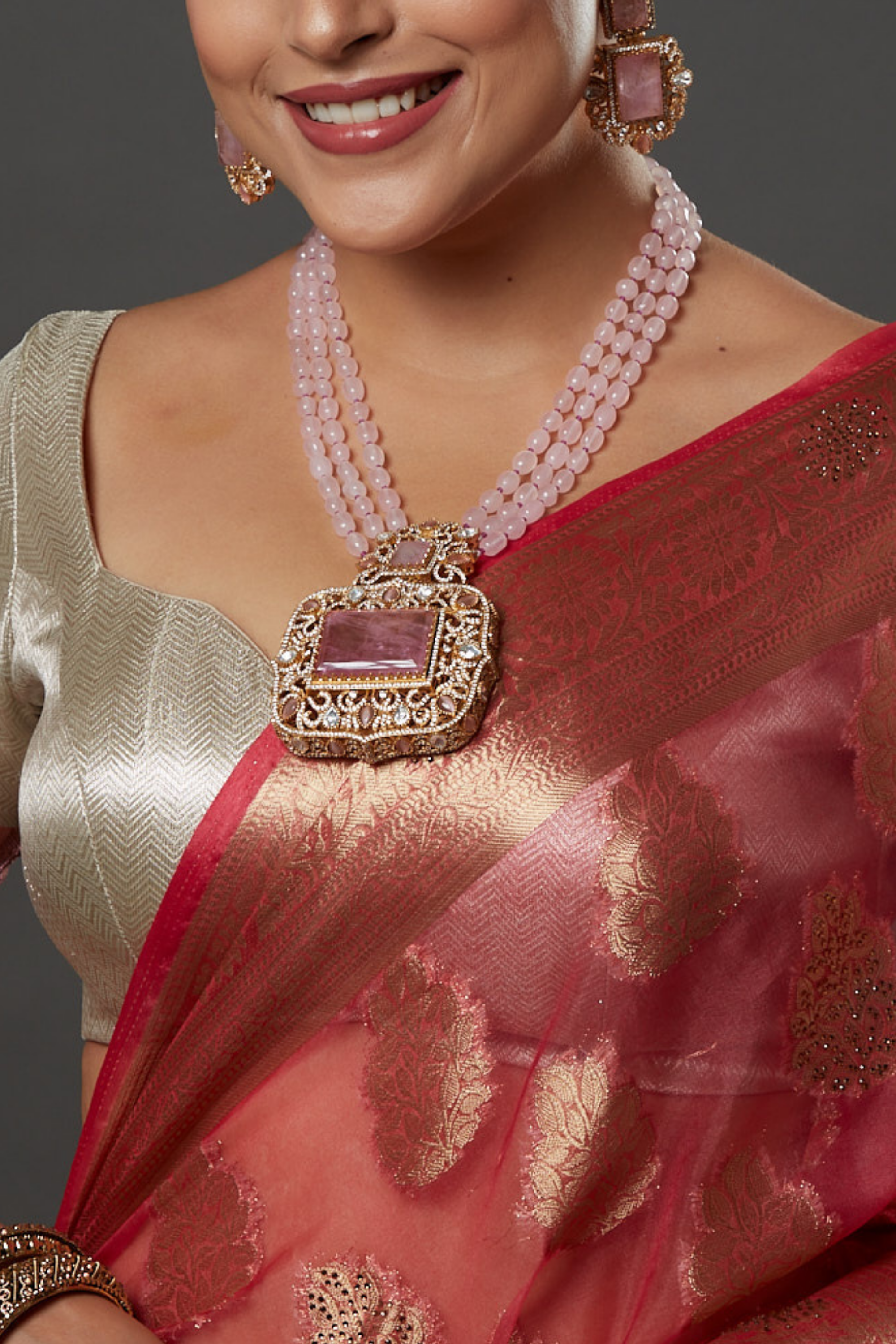 Beautiful Gold Tone CZ Rose Quartz Multi Layer Designer Necklace