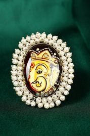 Ganpati Bappa Hand Painted Antique Oxidized Finger Ring