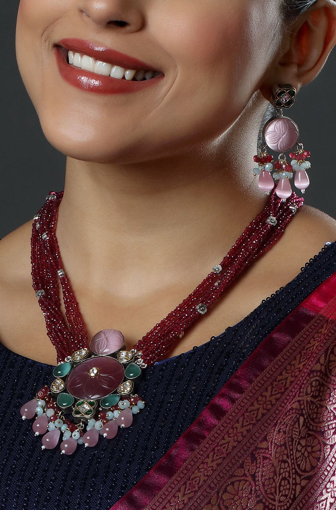 Gold Finish Natural Carved Stone Meenakari & Polki Necklace