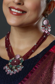 Gold Finish Natural Carved Stone Meenakari & Polki Necklace