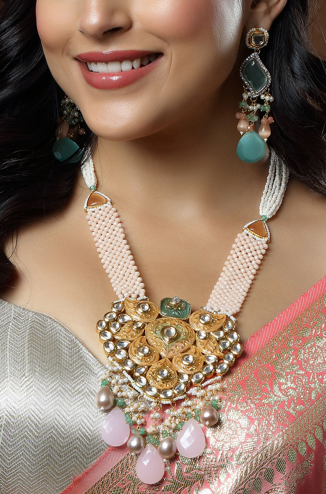 The Rose Petal Kundan Cascade Necklace