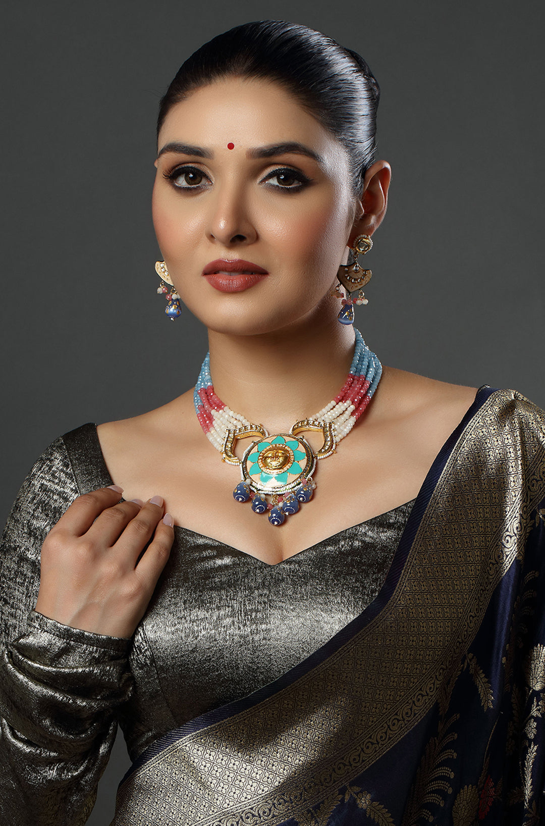 Silver Moissanite Coral Pearls Gold Finish Kundan Polki & Multi-Colored Necklace