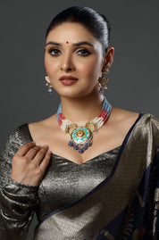 Silver Moissanite Coral Pearls Gold Finish Kundan Polki & Multi-Colored Necklace