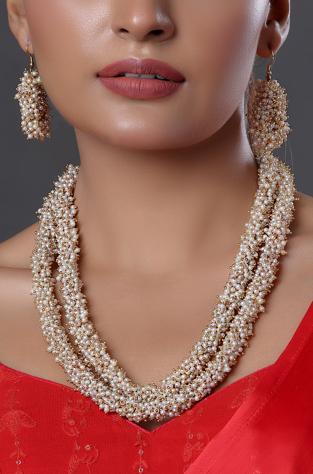 Double Line Cluster Long Necklace Set