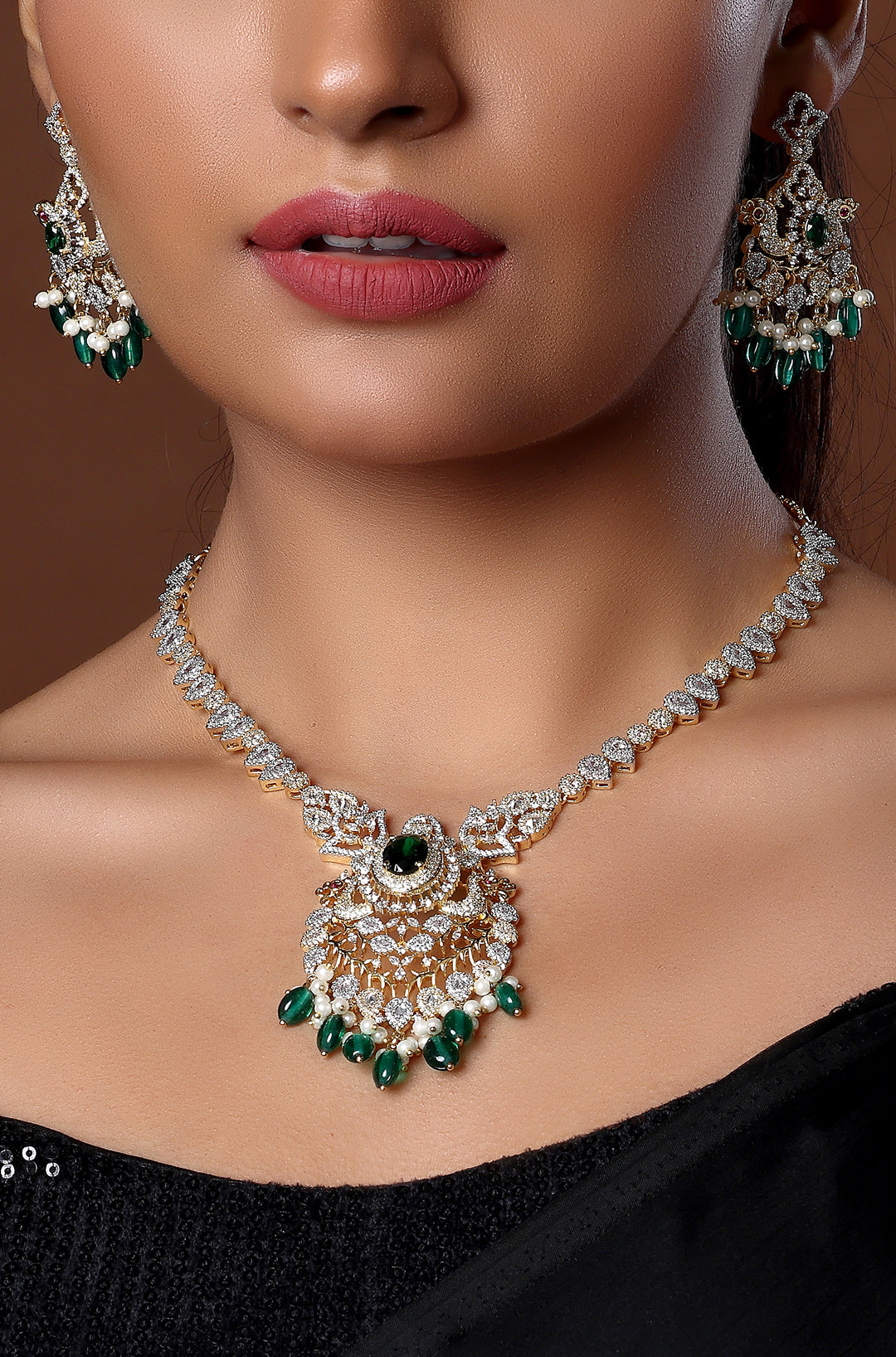Designer Peacock Style Diamond Necklace Set