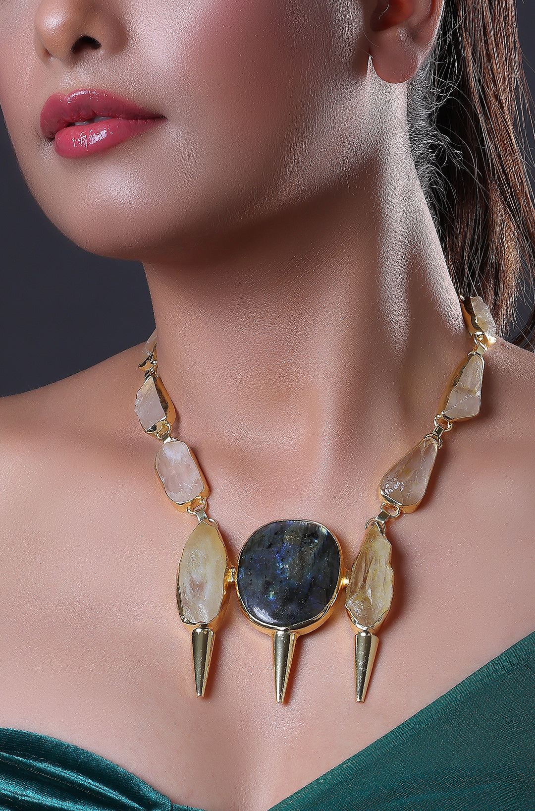 Citrine Yellow with Blue Druzy Raw Stone Necklace