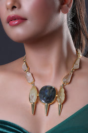 Citrine Yellow with Blue Druzy Raw Stone Necklace