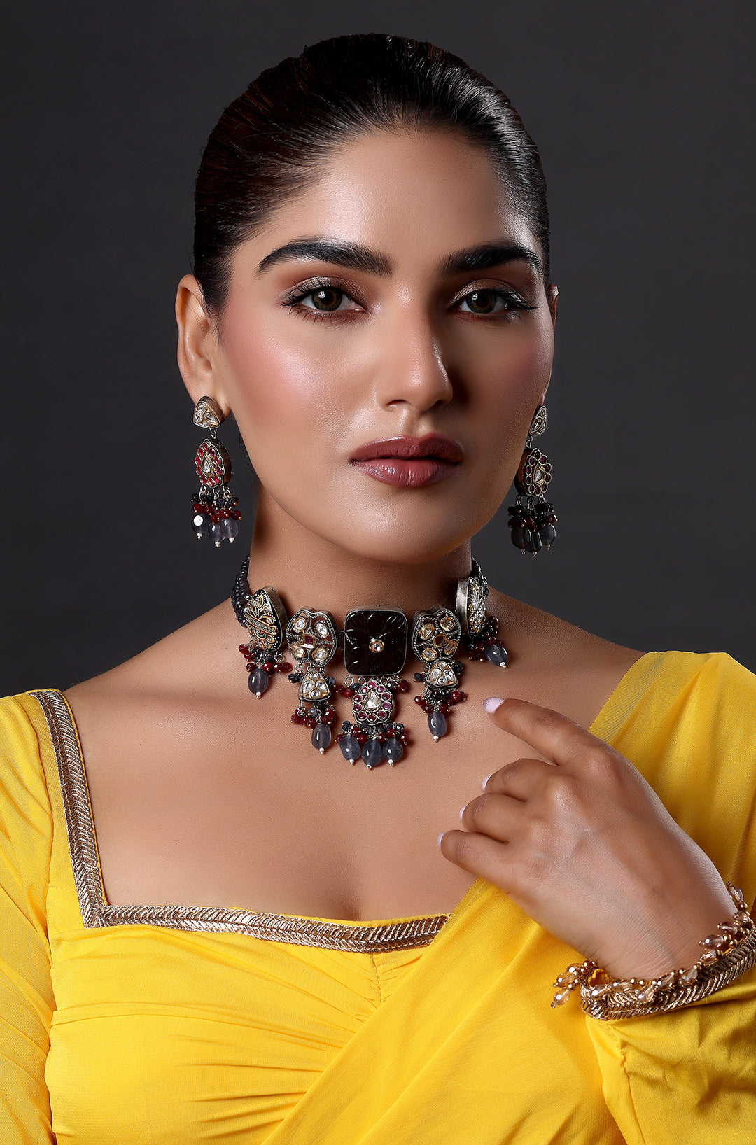 Gold Finish Natural Carved Stone Meenakari Choker Necklace
