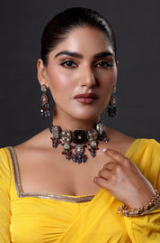 Gold Finish Natural Carved Stone Meenakari Choker Necklace