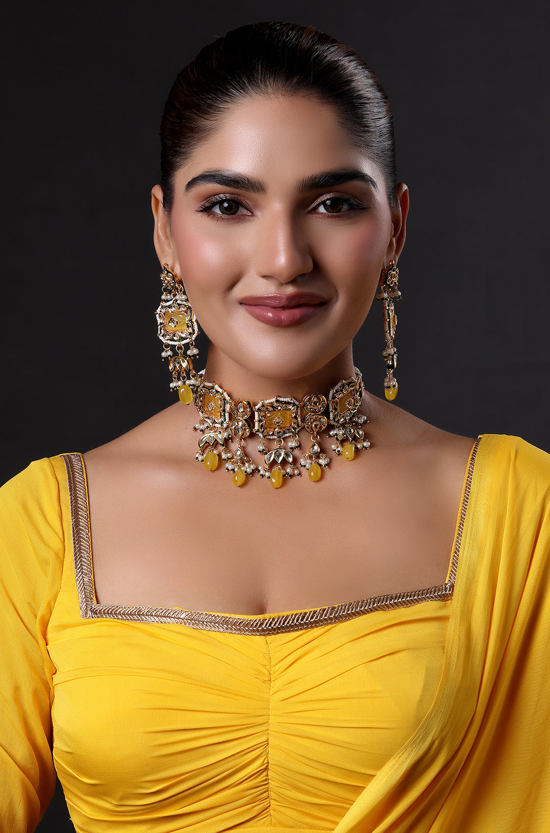 Gold Finish Honey Calcite Meenakari Choker Necklace