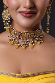 Gold Finish Honey Calcite Meenakari Choker Necklace