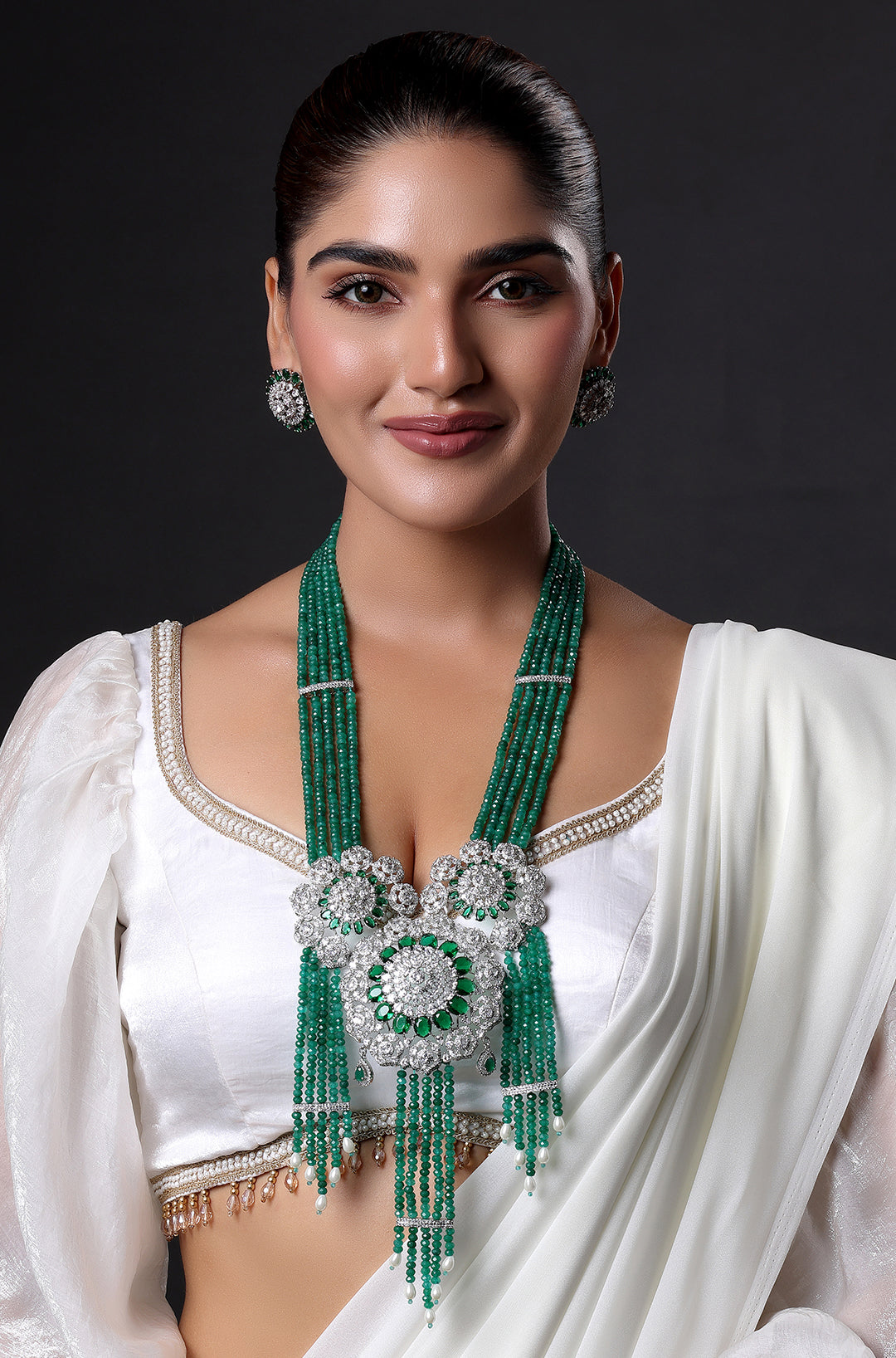 American Diamond Big Pendant With Emerald Beads Necklace