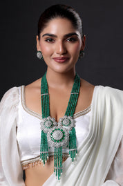 American Diamond Big Pendant With Emerald Beads Necklace