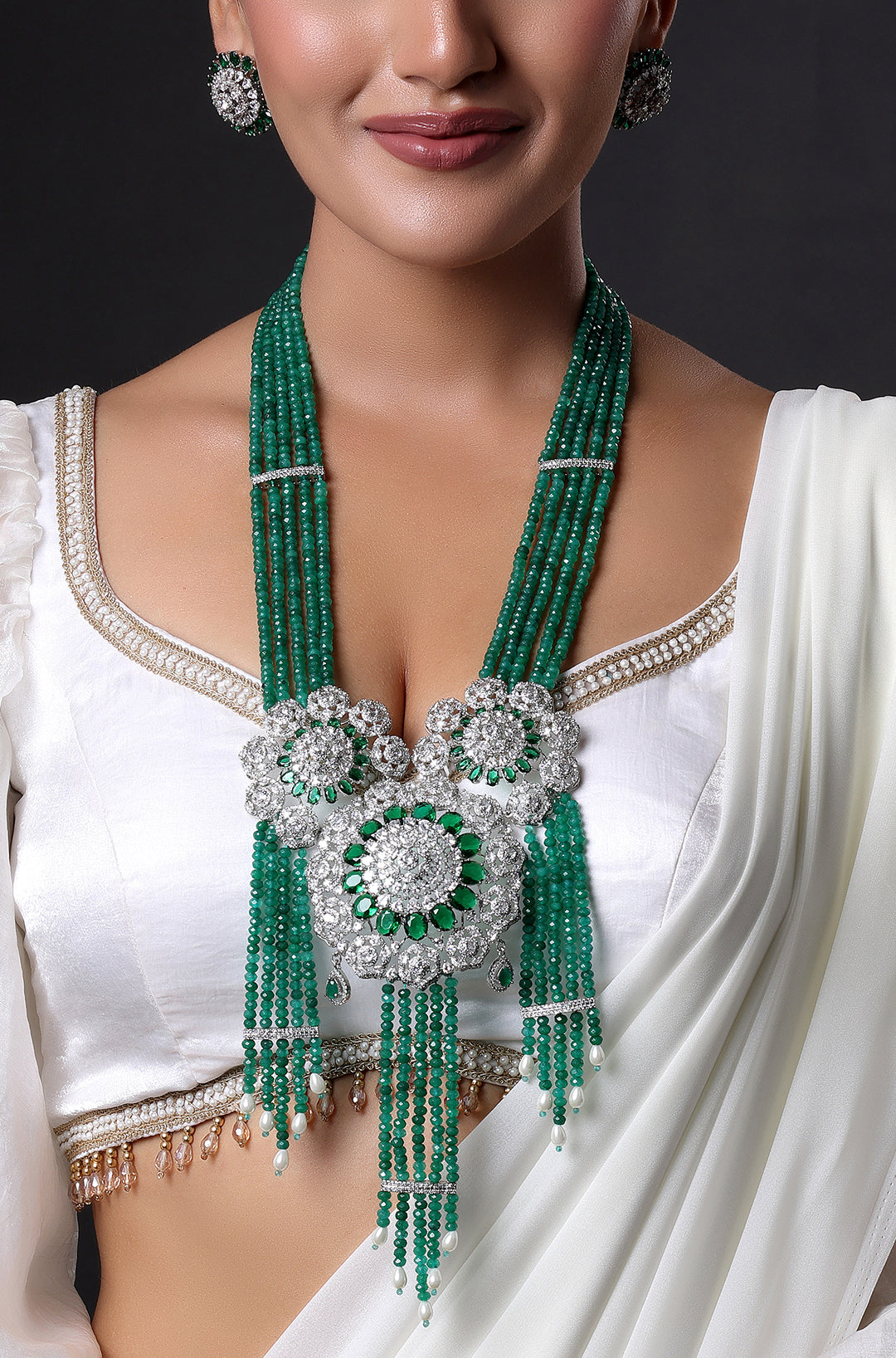 American Diamond Big Pendant With Emerald Beads Necklace