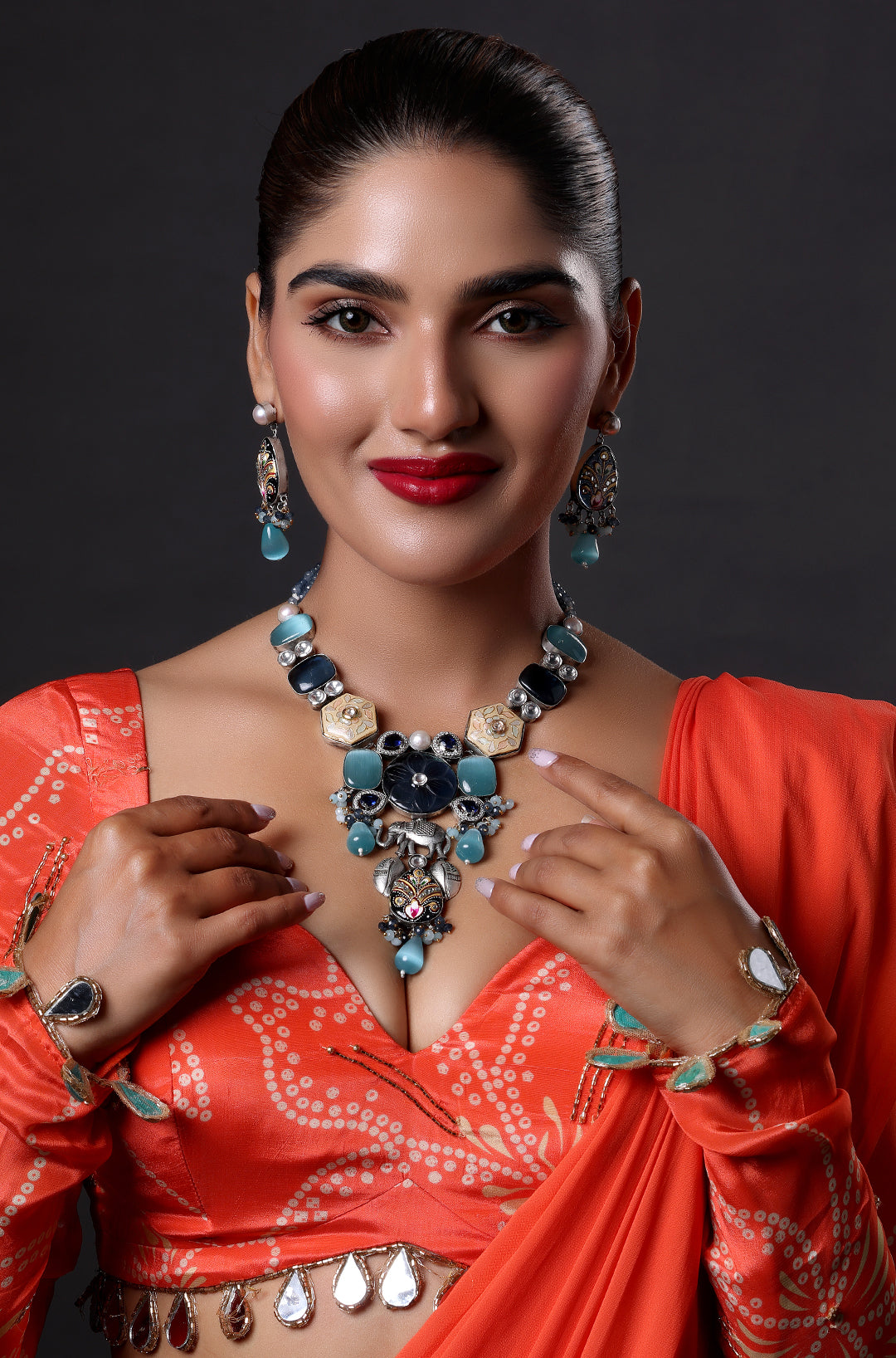 Gold Finish Natural Carved Stone Necklace