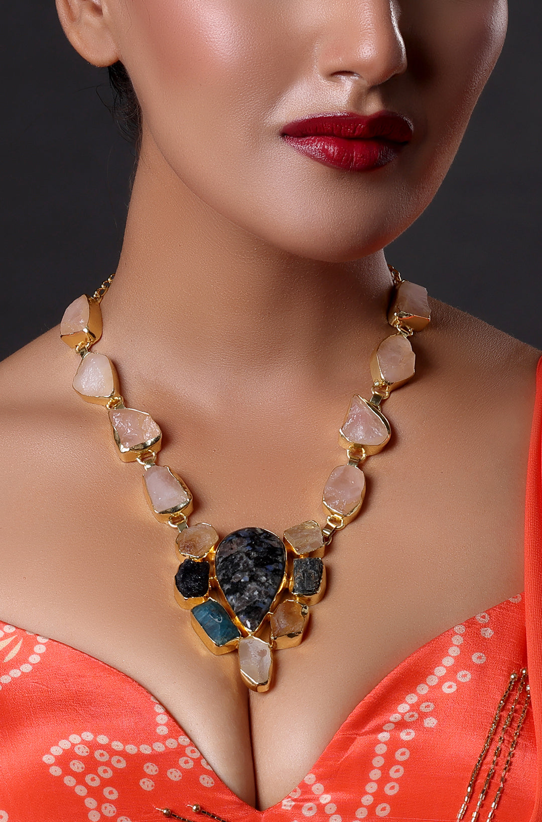 Druzy Raw Stone Necklace with Black Fire Opal Centre Piece