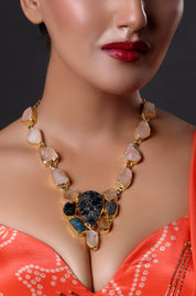 Druzy Raw Stone Necklace with Black Fire Opal Centre Piece