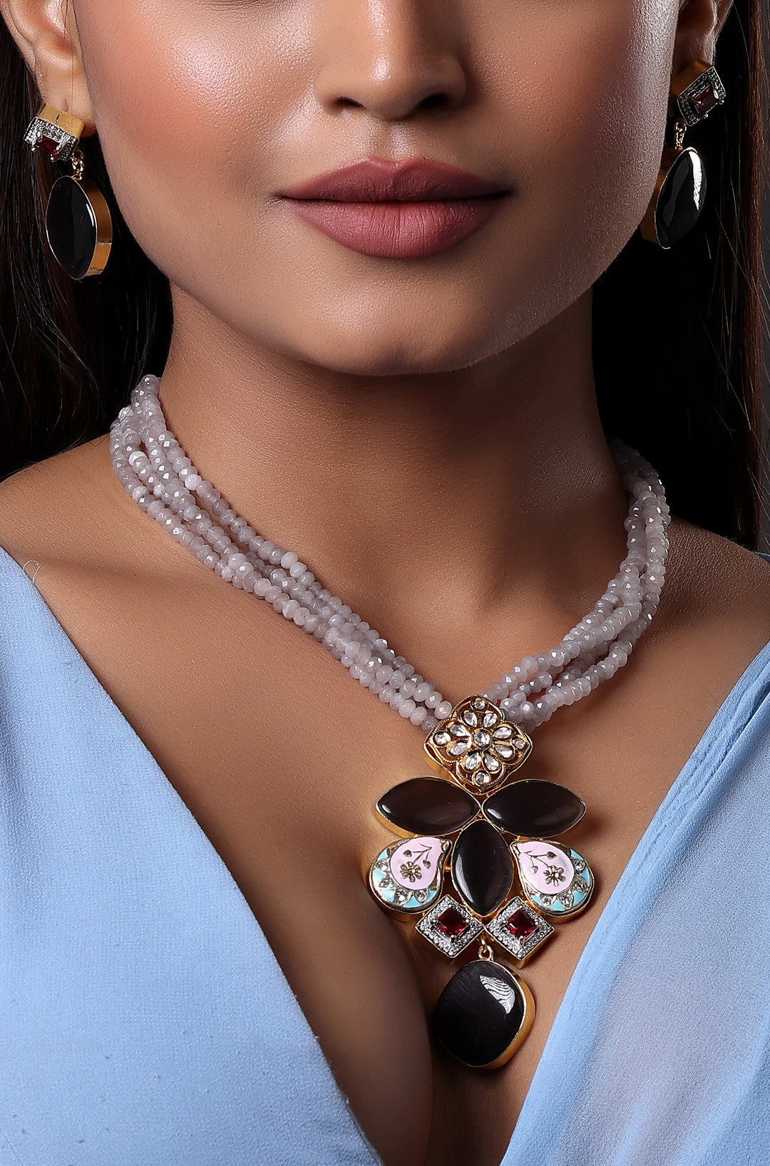 Micron Gold Finish Moissanite Kundan Stone Necklace