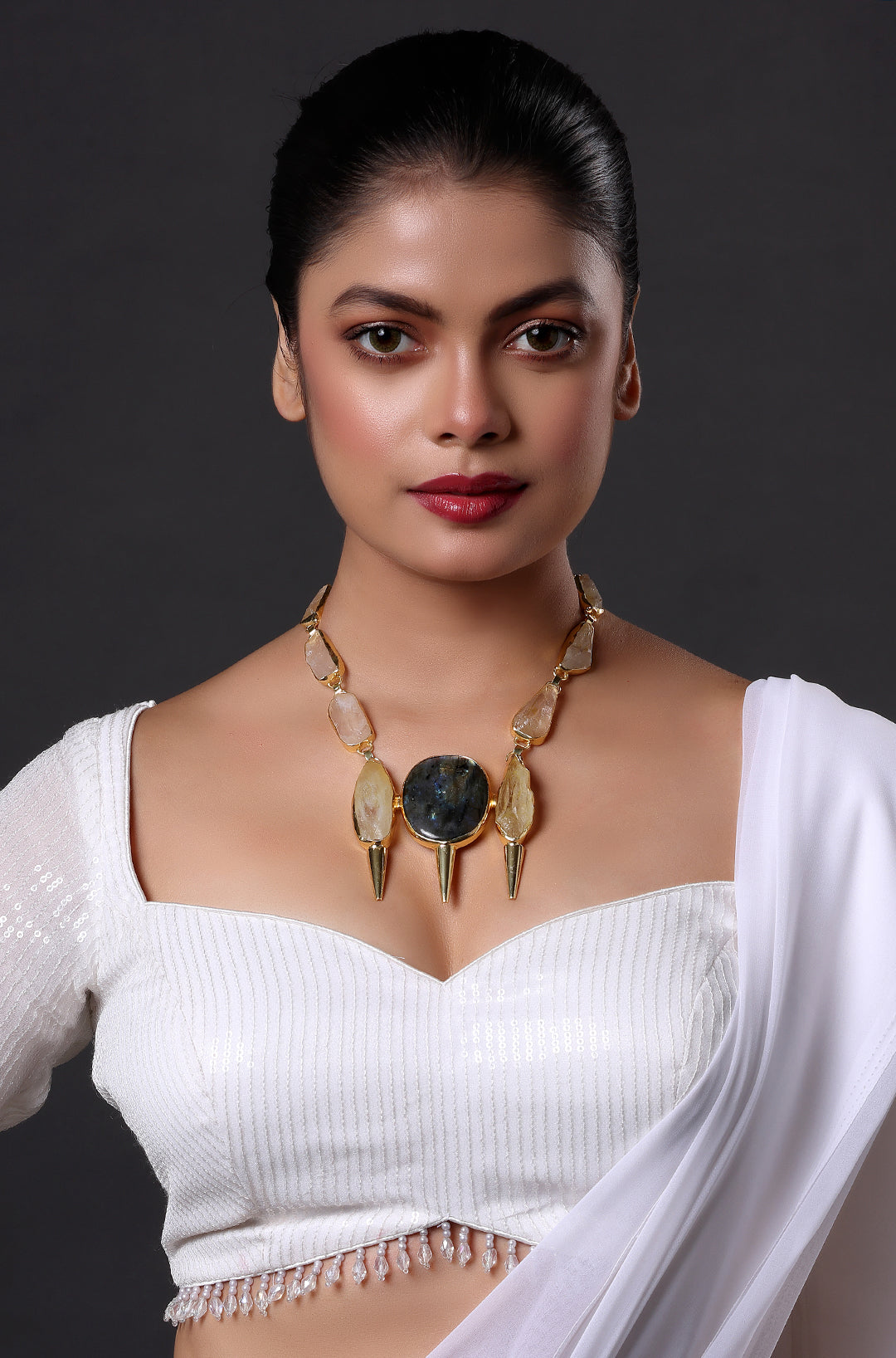 Matt Gold Plated Chain Necklace with Grey Oval Topaz Stone