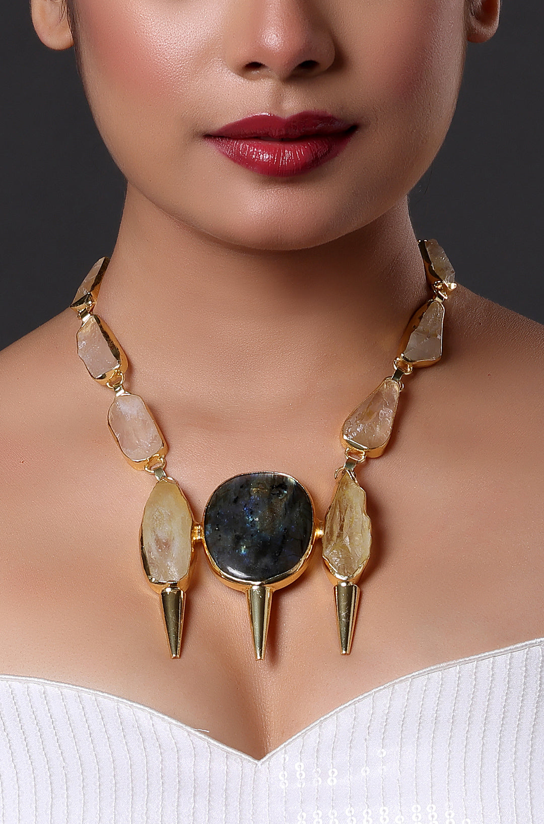 Matt Gold Plated Chain Necklace with Grey Oval Topaz Stone