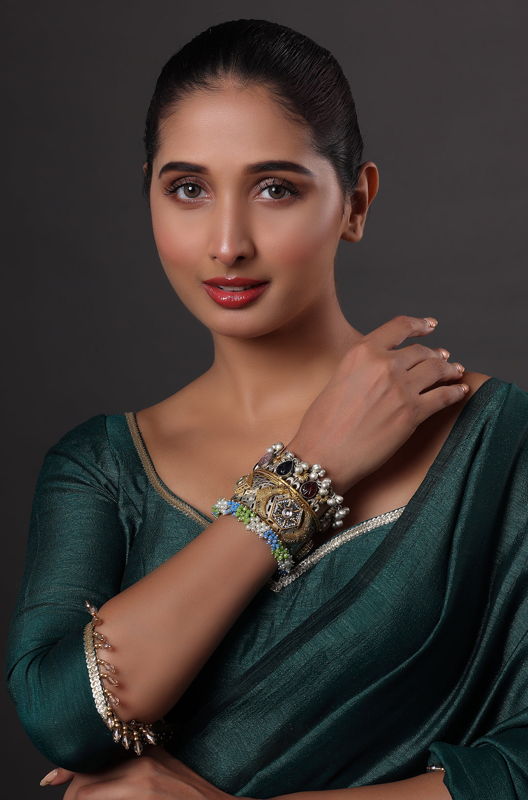 Gold Finish Rhodium Finish Kundan Polki & Multi-Colored Stone Meenakari Kada Bracelet