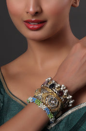 Gold Finish Rhodium Finish Kundan Polki & Multi-Colored Stone Meenakari Kada Bracelet