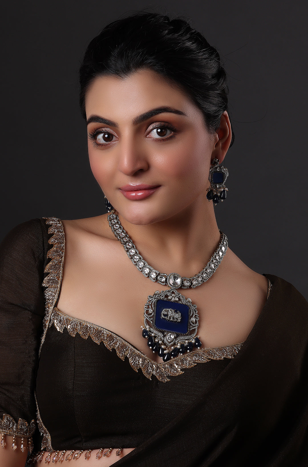 Victorian Royal Blue Stone with Elephant Embellished Kundan Necklace