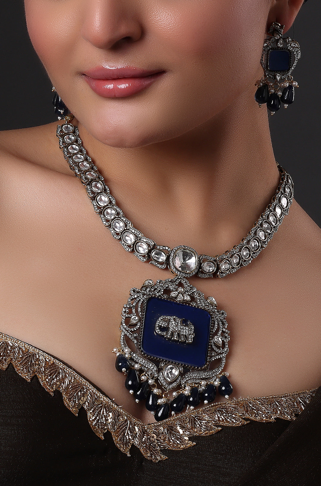 Victorian Royal Blue Stone with Elephant Embellished Kundan Necklace