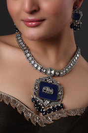 Victorian Royal Blue Stone with Elephant Embellished Kundan Necklace