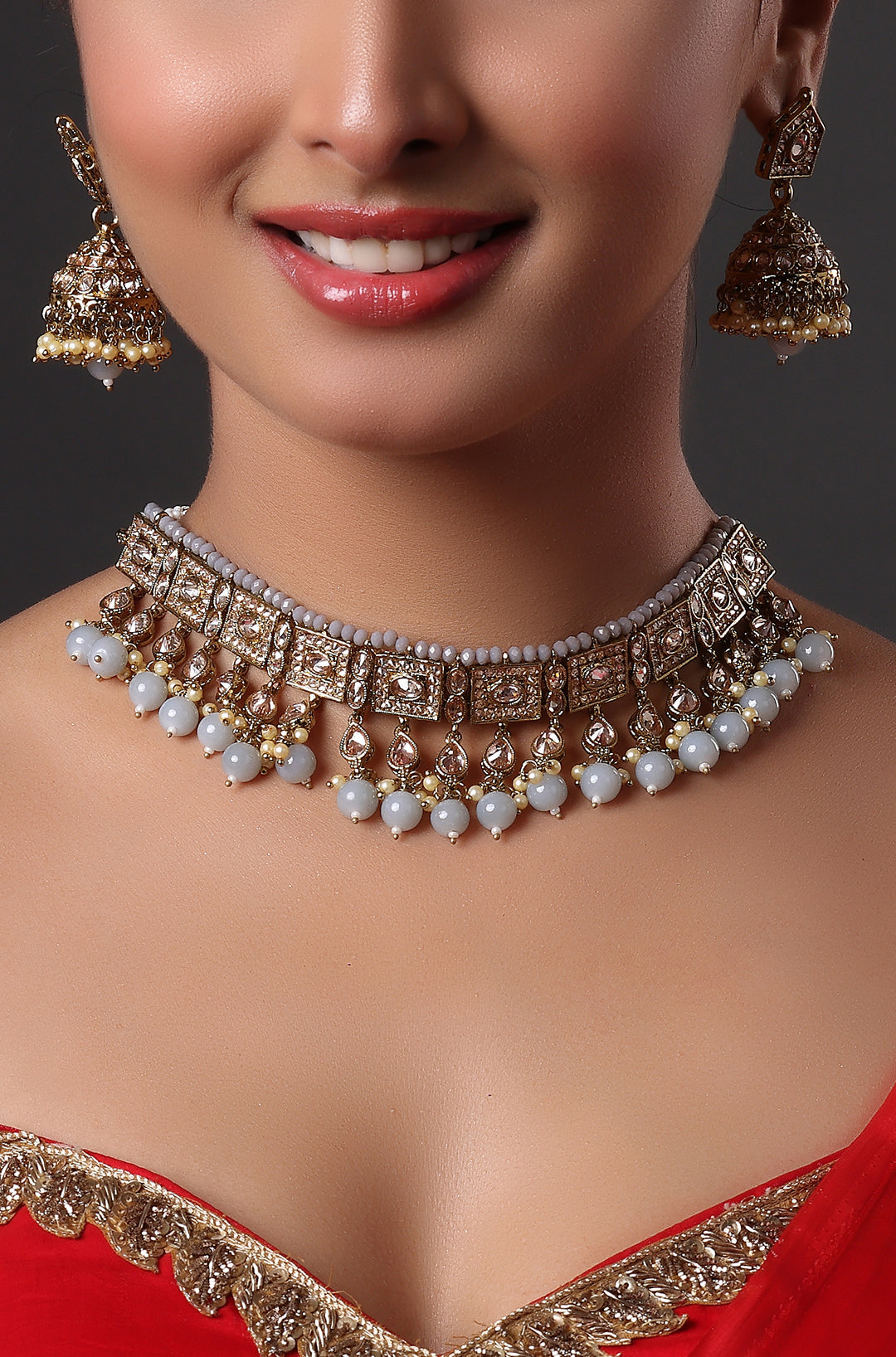 Fine Gold Plated Victorian Uncut Silver Foiled Moissanite Polki Choker Necklace