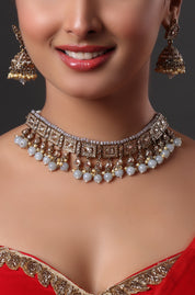 Fine Gold Plated Victorian Uncut Silver Foiled Moissanite Polki Choker Necklace