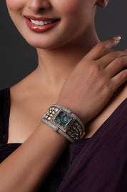 White & Green Cubic Zirconia Rhodium-Plated Cuff Bracelet