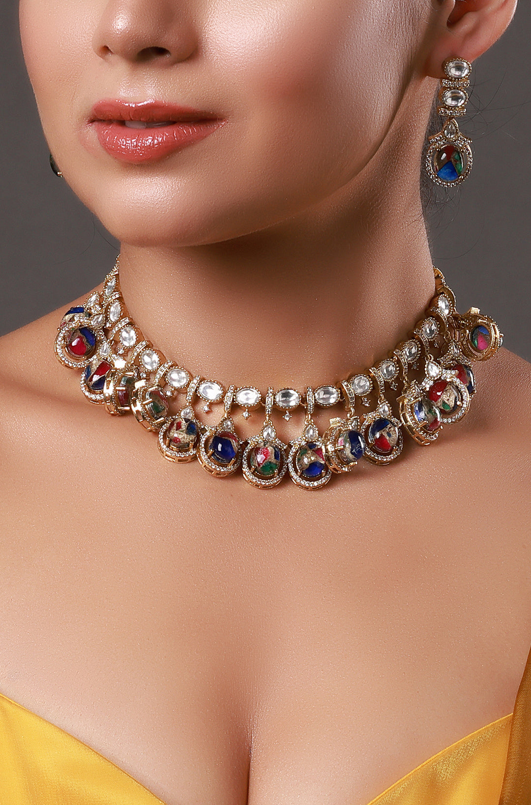 Micron Gold Polish Brass Zirconia Onyx Choker Necklace