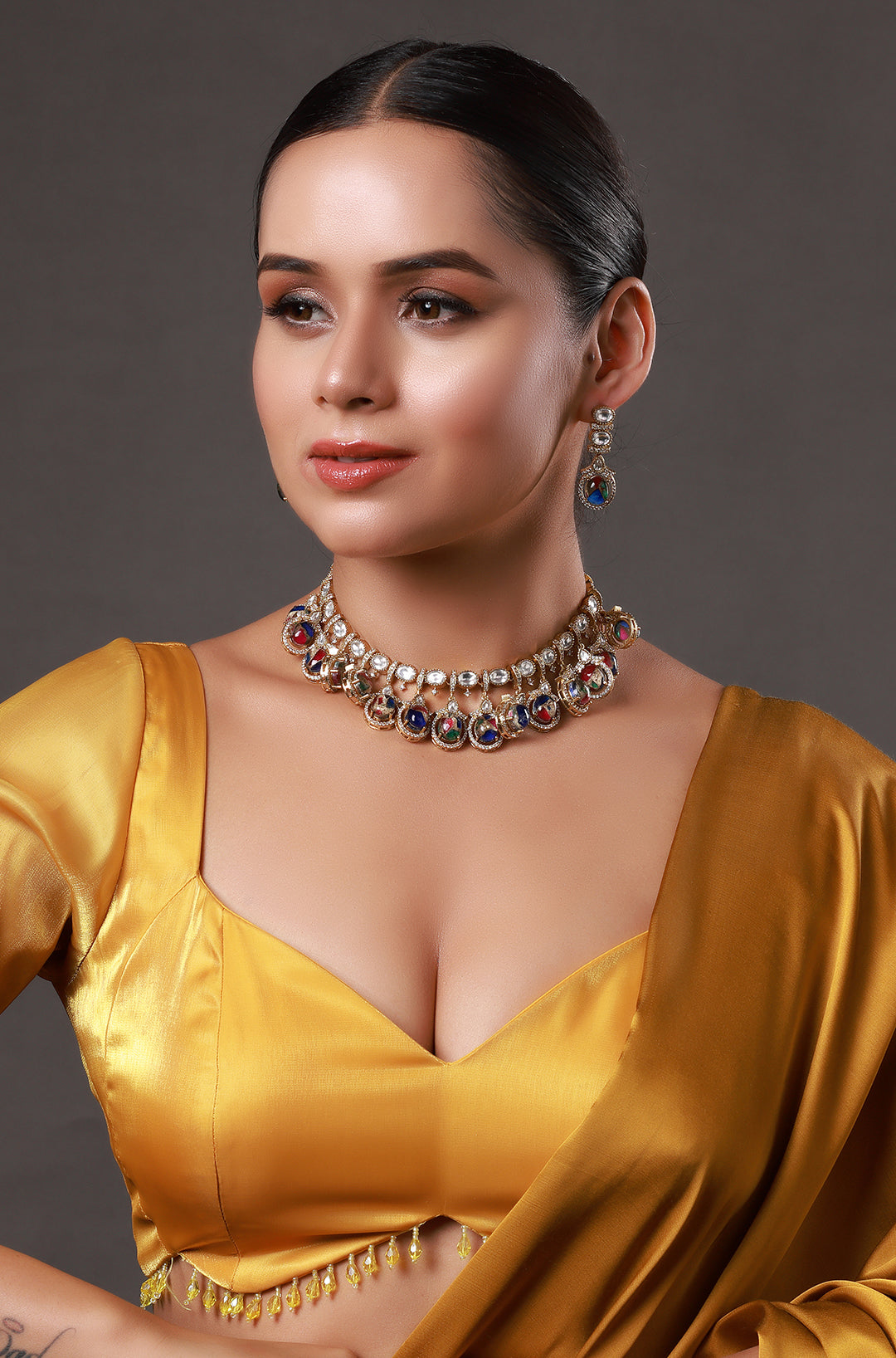 Micron Gold Polish Brass Zirconia Onyx Choker Necklace