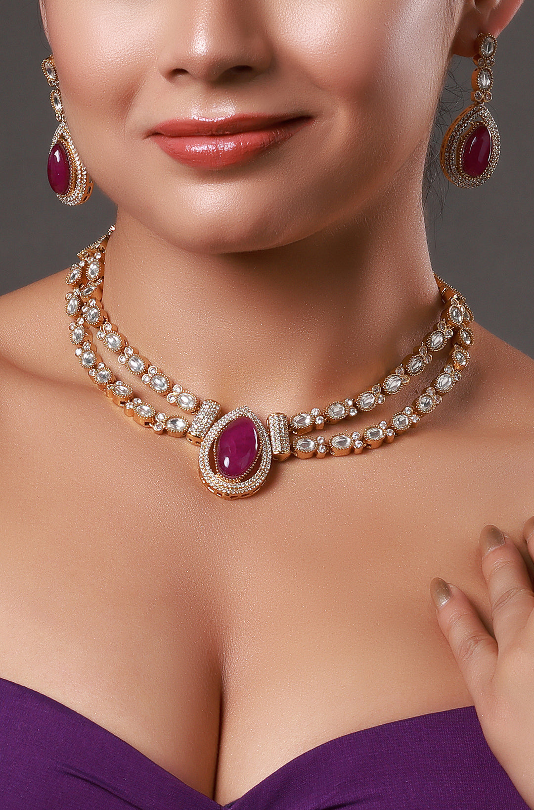Gold-Plated Kundan-Studded Purple Stone Long Necklace