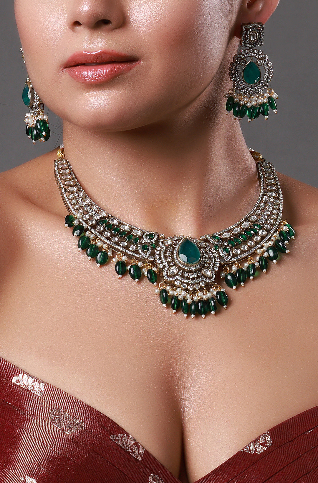 Two-Tone Finish Kundan Polki & Green Beaded Necklace