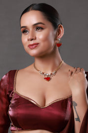 Micron Gold Finish Red Kundan Polki & Onyx Necklace