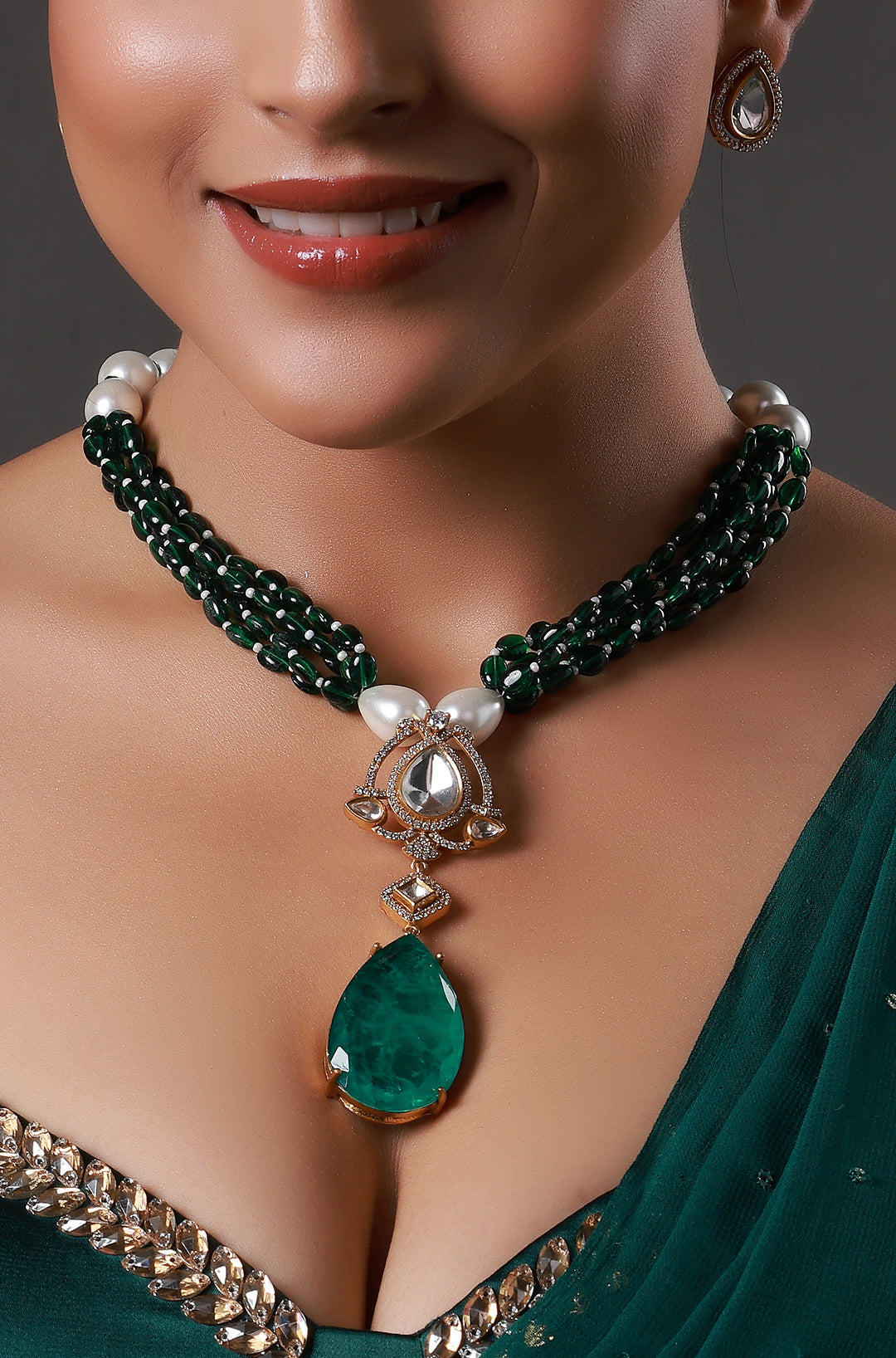 Emerald Stone Doublet Layered Kundan Victorian Polki Necklace