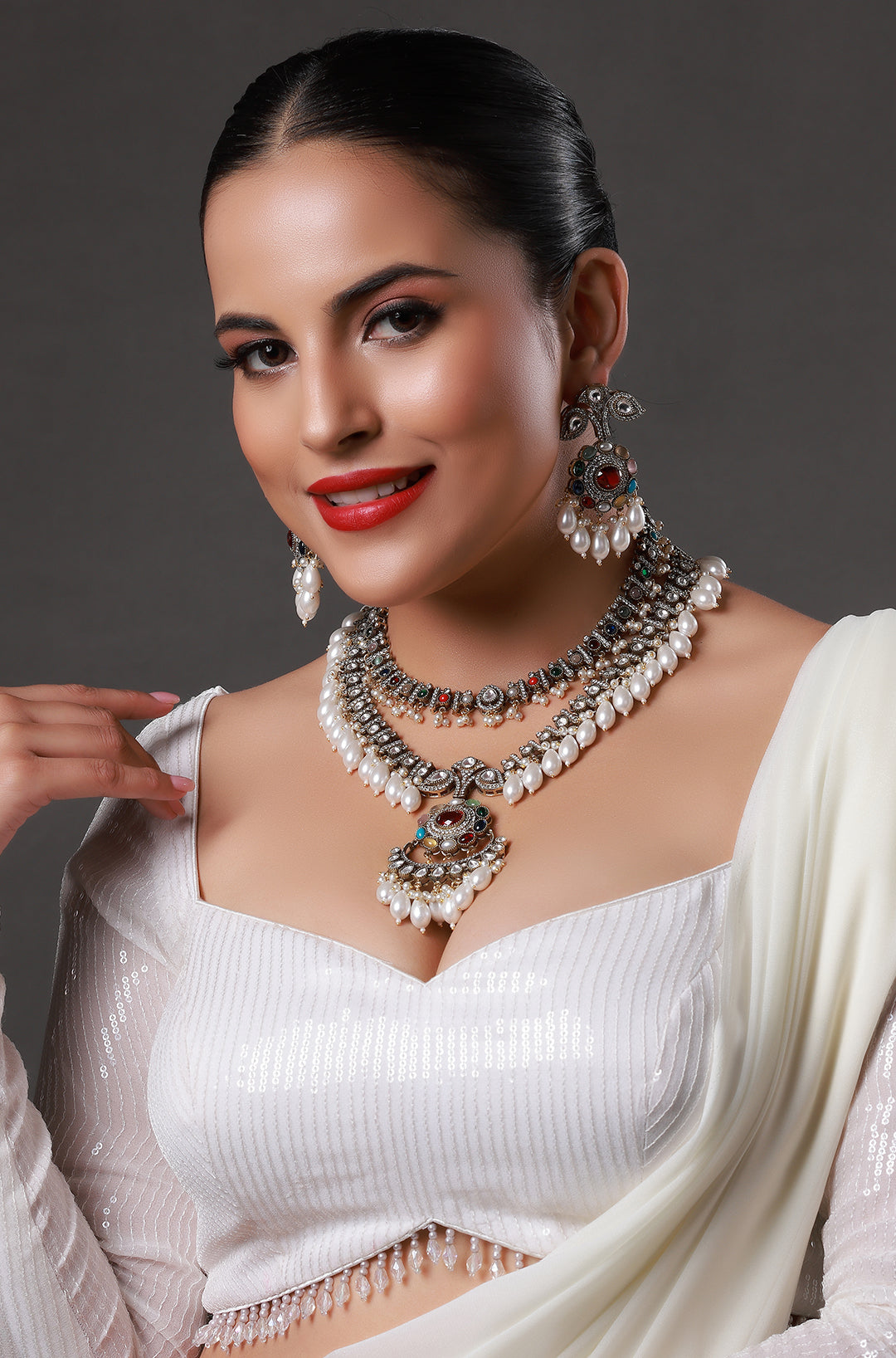 Pearls Drop Multicolor Dazzling Stones Necklace