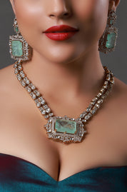 Mint Green Stone Silver And Gold Kundan Necklace