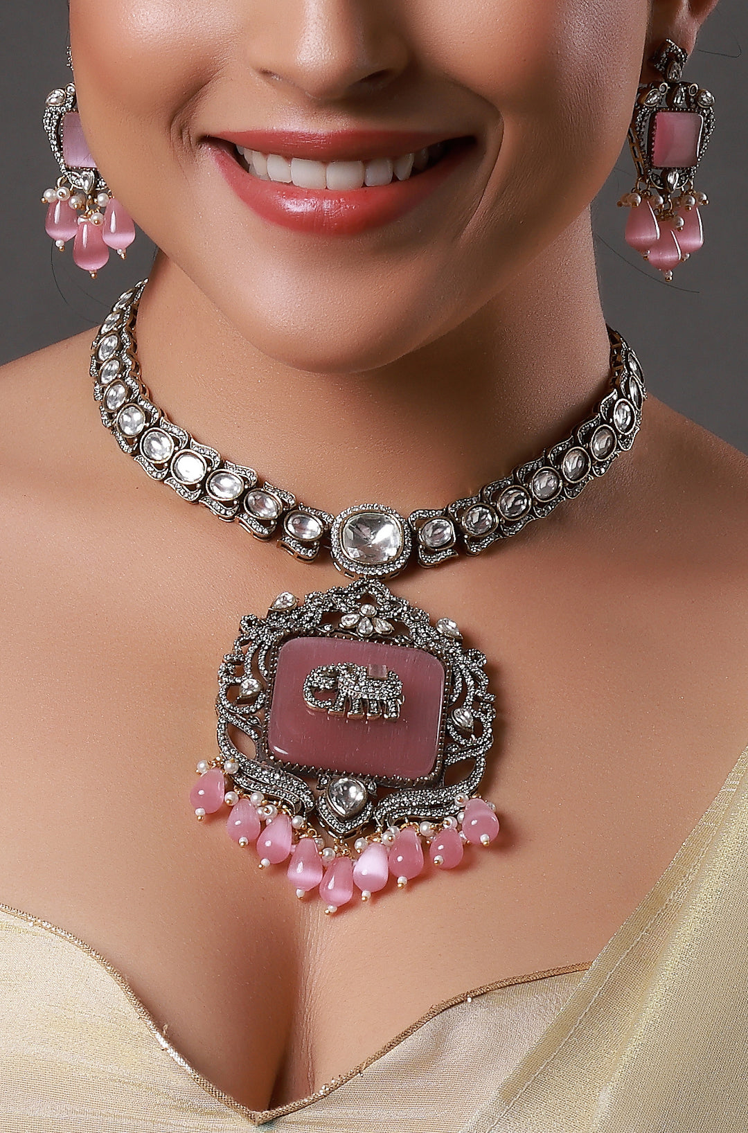Victorian Pastel Pink Stone with Elephant Embellished Kundan Necklace
