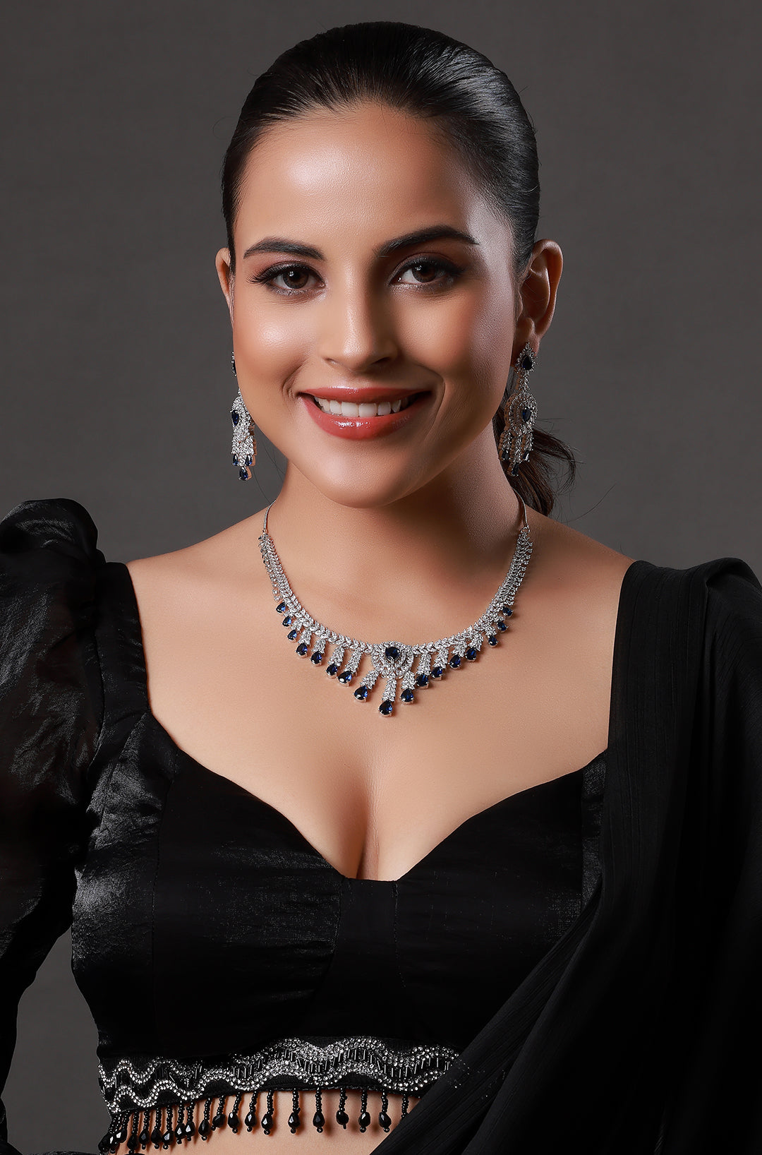 Navy Blue Stone Embellished American Diamond Necklace