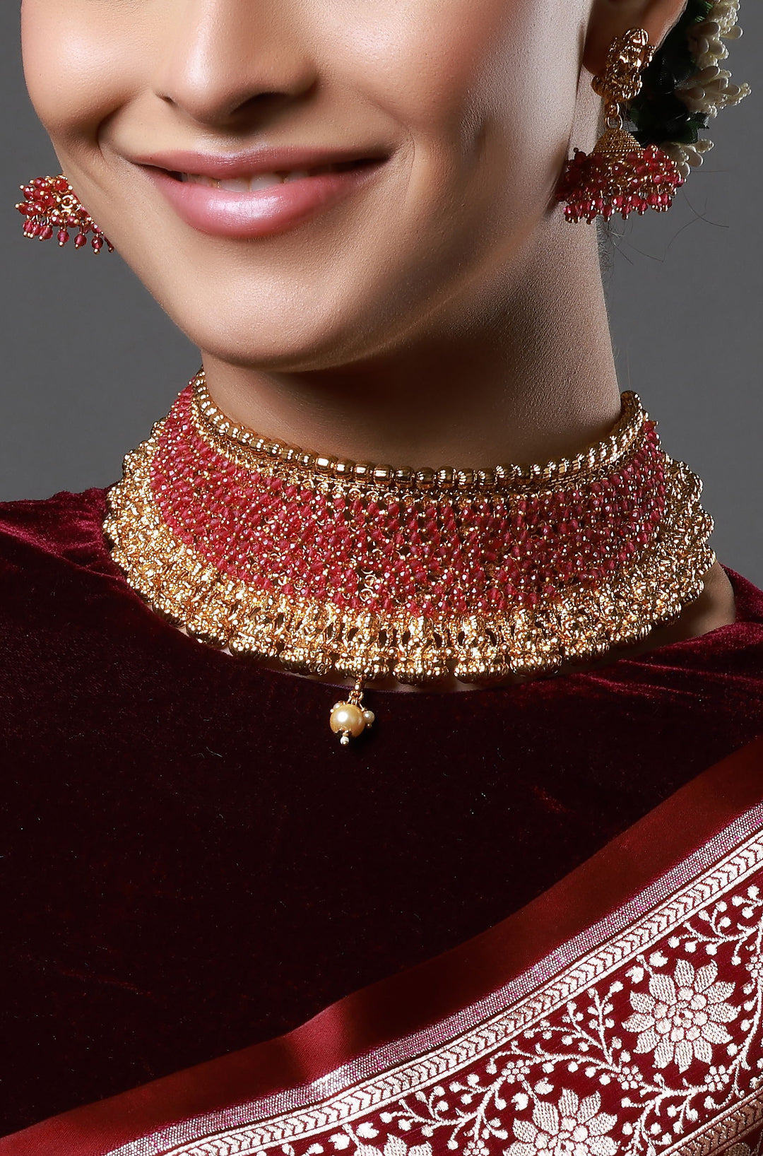 Beautiful Designer Gold Polish & Beaded Goddess Lakshmi Choker Necklace