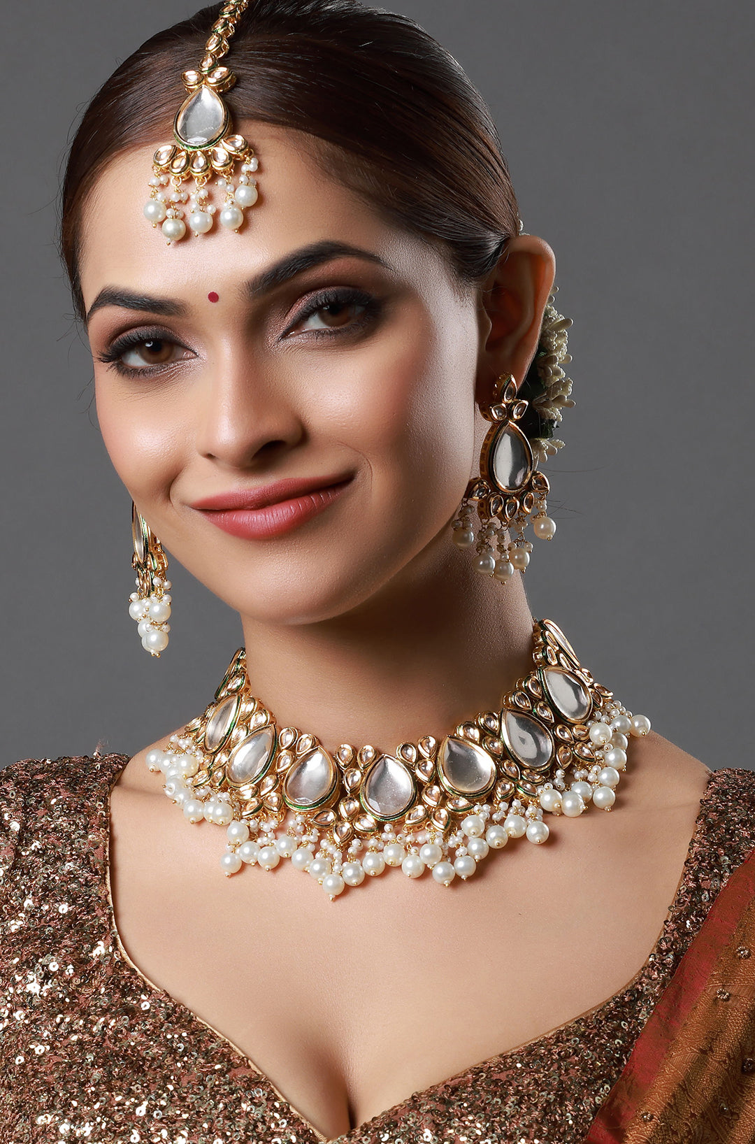 Kundan Polki Pearl Beads Necklace With Maang Tika
