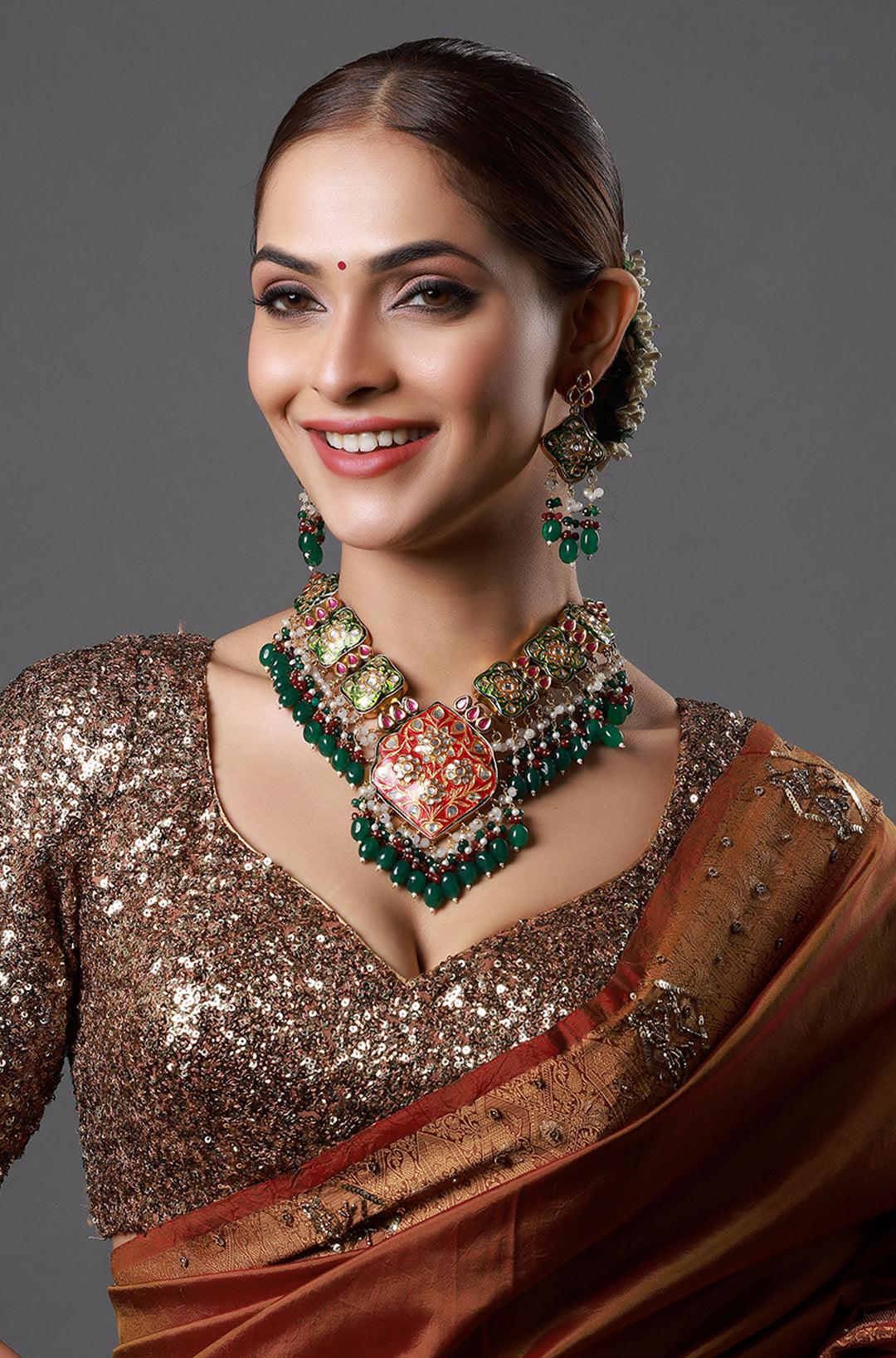 Maroon Meenakari with Green Drops Kundan Bridal Necklace