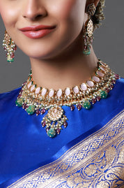 Pink & Blue Gold-Plated Kundan-studded & Beaded Choker Necklace