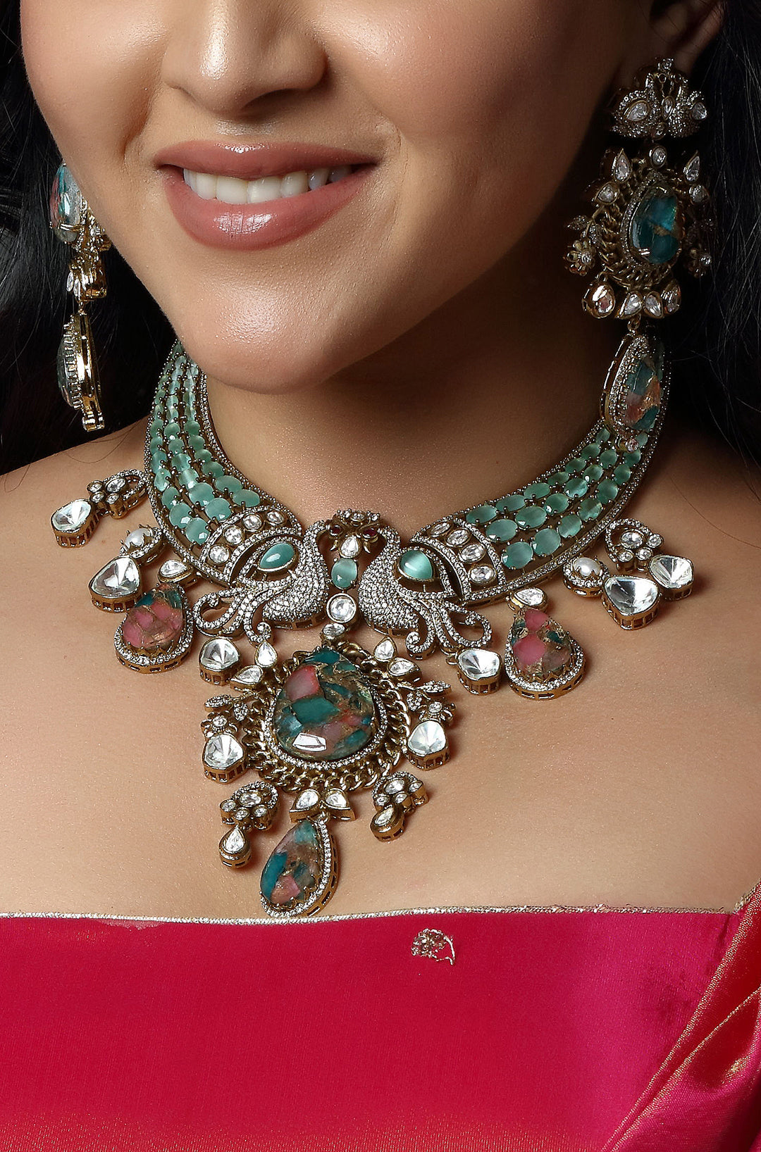 Light Blue with Pink Stones Victorian Choker Necklace