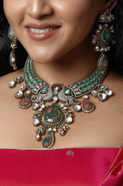 Light Blue with Pink Stones Victorian Choker Necklace