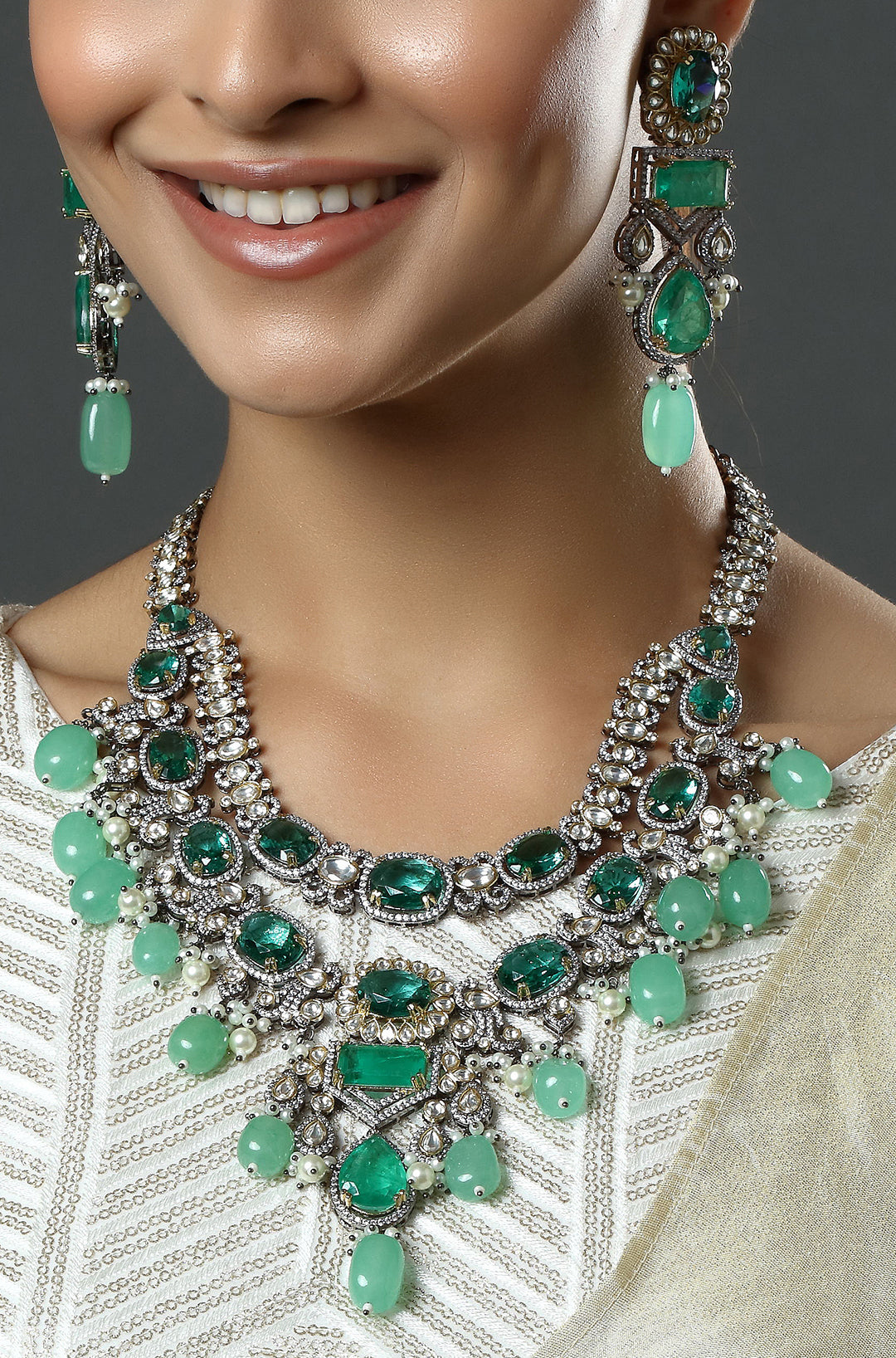 Regal Gold Finish Kundan Polki & Green Beaded Necklace